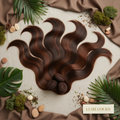 Silky hair bundles fanned out with tropical leaves and moss on a flat lay