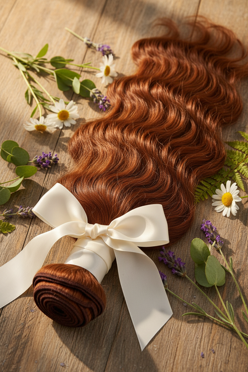 Premium hair extensions bundle with wildflowers on a wooden surface in golden hour light